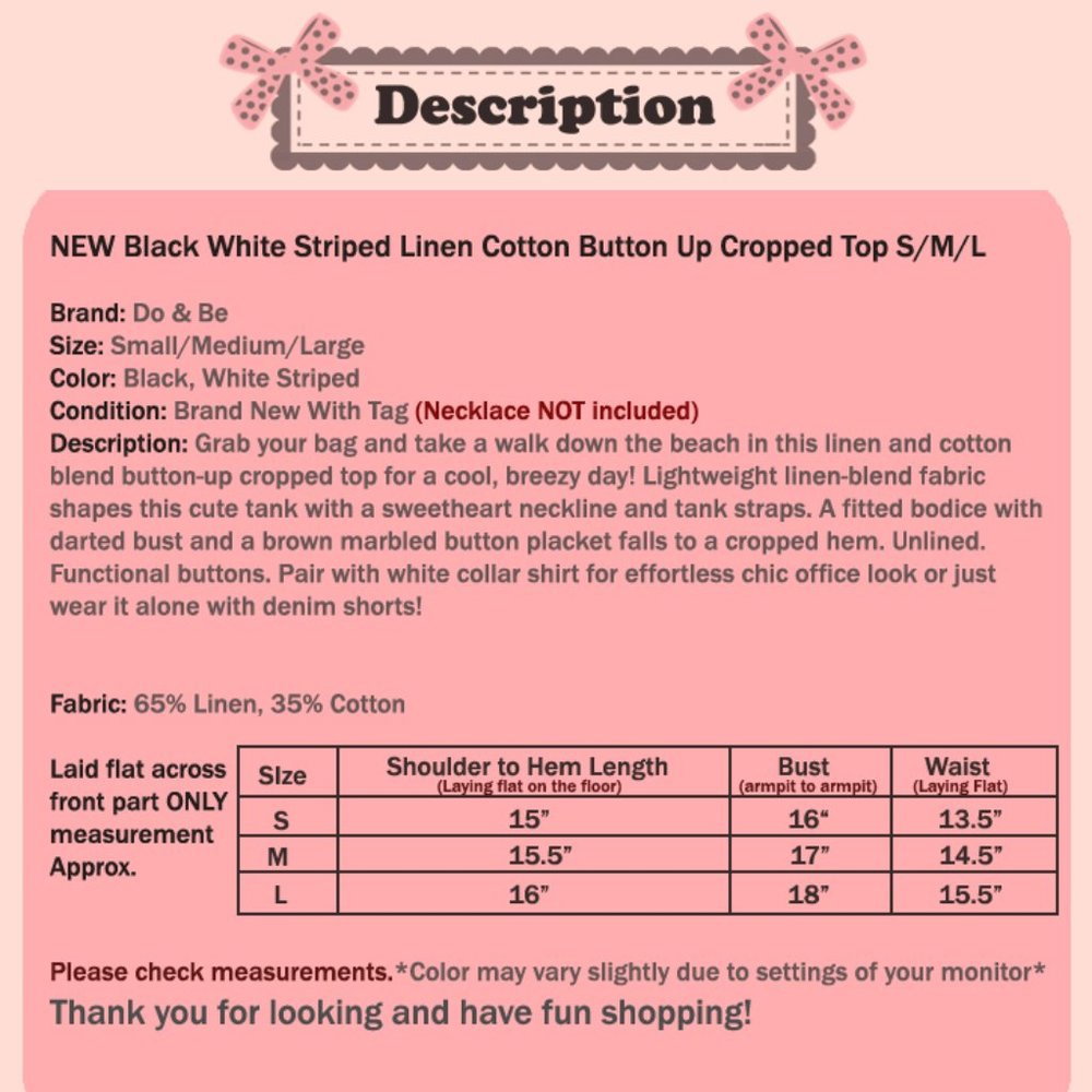 Black Striped Linen Cotton Button Up Cropped Top - Picture 8 of 8